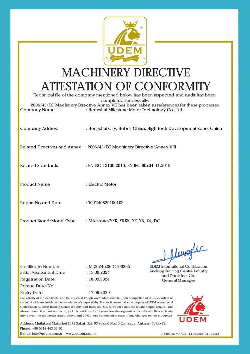 CE Attestation of Conformity – Machinery Directive