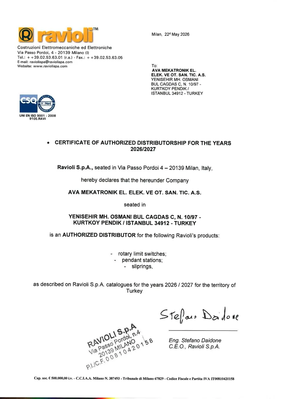 Ravioli S.p.A. Yetkili Distribütörlük Sertifikası