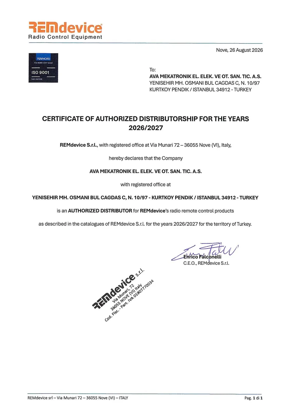 REMdevice S.r.l. Yetkili Distribütörlük Sertifikası